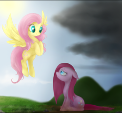 Size: 900x834 | Tagged: safe, artist:mn27, fluttershy, pinkie pie, earth pony, pegasus, pony, colored pupils, duo, pinkamena diane pie, sad, smiling