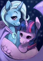 Size: 2893x4092 | Tagged: safe, artist:jemanite, derpibooru import, trixie, twilight sparkle, twilight sparkle (alicorn), alicorn, pony, female, hug, lesbian, mare, shipping, twixie, winghug