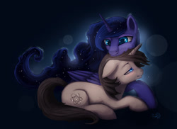 Size: 2631x1911 | Tagged: safe, artist:rain-gear, princess luna, oc, alicorn, pony, bedroom eyes, canon x oc, female, floppy ears, male, neck nuzzle, nuzzling, prone, shipping, smiling, snuggling, straight