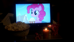 Size: 1280x720 | Tagged: safe, pinkie pie, earth pony, pony, dinner, otaku date, photo, waifu, waifu dinner