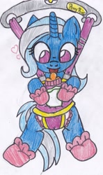 Size: 2009x3386 | Tagged: safe, artist:cuddlelamb, derpibooru import, trixie, pony, unicorn, babiron, baby bouncer, cute, diaper, female, filly, mare, pony price company, solo, traditional art, twix-e