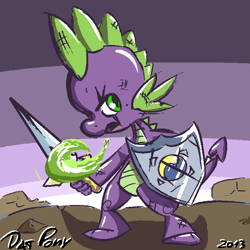 Size: 700x700 | Tagged: safe, artist:datponypl, spike, dragon, badass, injured, shield, solo, sword, weapon