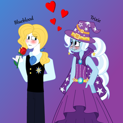 Size: 1920x1912 | Tagged: safe, artist:lovesdrawing721, derpibooru import, prince blueblood, trixie, equestria girls, bluetrix, blushing, equestria girls-ified, female, heart, humanized, male, shipping, straight