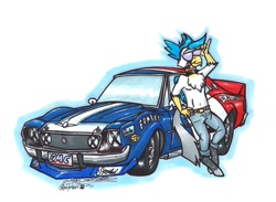 Size: 1024x750 | Tagged: safe, artist:sketchywolf-13, derpibooru import, oc, anthro, griffon, unguligrade anthro, amc, amc javelin, beak, car, clothes, commission, griffon oc, male, pants, pose, race car, simple background, solo, sunglasses, tail, traditional art, white background