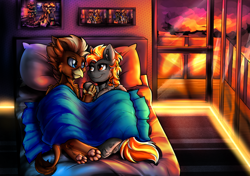 Size: 3392x2394 | Tagged: safe, artist:deraniel, derpibooru import, oc, oc:digidash, oc:grimvale, griffon, pegasus, pony, bedroom, bedroom eyes, cuddling, gay, griffon oc, house, male, paw pads, paws, pegasus oc, sunset, toe beans, underhoof, underpaw, wings