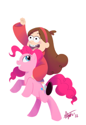 Size: 653x941 | Tagged: artist needed, safe, pinkie pie, earth pony, pony, crossover, gravity falls, humans riding ponies, mabel pines