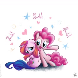 Size: 1360x1360 | Tagged: safe, artist:olegsavoskin, pinkie pie, rarity (g3), earth pony, pony, g3, crying, duo, g3 to g4, generation leap, smile smile smile