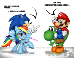 Size: 1000x781 | Tagged: safe, artist:forusu, rainbow dash, pegasus, pony, crossover, douchebag, female, interspecies, male, maridash, mario, riding, shipping, sonic the hedgehog, sonic the hedgehog (series), sonicdash, straight, super mario bros., swag, yoshi