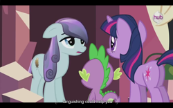 Size: 1024x640 | Tagged: safe, derpibooru import, edit, edited screencap, screencap, sapphire joy, spike, twilight sparkle, dragon, pony, unicorn, the crystal empire, spoiler:s03, butt, caption, female, male, mare, plot, youtube caption