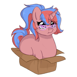 Size: 2000x2000 | Tagged: safe, artist:dreamy, artist:littledreamycat, oc, oc only, oc:bree, pony, box, chibi, commission, cute, glasses, if i fits i sits, pony in a box, simple background, solo, transparent background, your character here