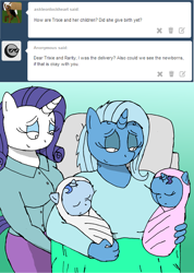 Size: 1280x1800 | Tagged: safe, artist:americananomaly, derpibooru import, rarity, trixie, oc, oc:mystique, oc:trickster, anthro, anthroquestria, baby, baby pony, female, lesbian, magical lesbian spawn, offspring, parent:rarity, parent:trixie, parents:rarixie, rarixie, shipping