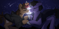 Size: 2000x1000 | Tagged: safe, artist:dreamy, artist:littledreamycat, oc, oc:dreamheart, oc:screaming heart, earth pony, unicorn, couple, female, floating, husband and wife, love, magic, male, nightsky, romance, romantic, shooting stars