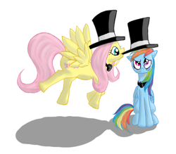 Size: 900x790 | Tagged: safe, artist:qaxis, fluttershy, rainbow dash, pegasus, pony, bowtie, hat, monocle, top hat