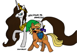 Size: 2815x1959 | Tagged: safe, artist:beaverblast, annoying, cartoon, hylian shield, link, master sword, parody, ponified, princess zelda, shield, simple background, sword, the legend of zelda, the legend of zelda cartoon, weapon, well excuse me princess