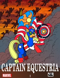Size: 2492x3254 | Tagged: safe, artist:midnight-cobra, derpibooru import, applejack, earth pony, pony, captain america, comic book, crossover, flag, shield
