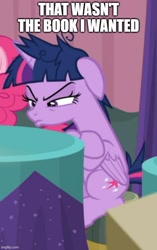 Size: 500x795 | Tagged: safe, edited screencap, twilight sparkle, twilight sparkle (alicorn), alicorn, pony, cropped, crossed hooves, image macro, mare, meme, messy mane, narrowed eyes, pouting, sitting, solo
