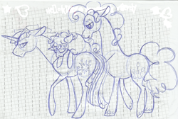 Size: 1280x858 | Tagged: safe, artist:spiderish, artist:spookerish, derpibooru import, dusk shine, pinkie pie, twilight sparkle, oc, oc:blueberry, earth pony, horse, pony, ballpoint pen, doodle, filly, gay, graph paper, lineart, lined paper, magical gay spawn, male, offspring, parent:bubble berry, parent:dusk shine, parent:pinkie pie, parent:twilight sparkle, parents:twinkie, pen drawing, rule 63, shipping, sketch, traditional art, twinkie