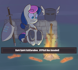 Size: 1563x1415 | Tagged: dead source, safe, artist:spaerk, bon bon, sweetie drops, earth pony, pony, bonfire, crossover, dark souls, helmet, no pupils, shield, solo, sword, weapon