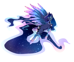 Size: 3000x2500 | Tagged: safe, artist:tsuukiusa, princess luna, alicorn, pony, flying, rainbow power, rainbow power-ified, simple background, solo, transparent background