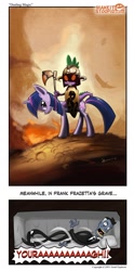 Size: 796x1601 | Tagged: safe, artist:izra, derpibooru import, rarity, spike, twilight sparkle, human, axe, coffin, death dealer, fine art parody, frank frazetta, frown, glare, glowing eyes, helmet, howie long scream, looking at you, open mouth, riding, screaming, shield, weapon, wide eyes