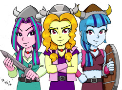 Size: 800x591 | Tagged: safe, artist:mayorlight, adagio dazzle, aria blaze, sonata dusk, equestria girls, rainbow rocks, alternate hairstyle, baelog the fierce, belly button, clothes, cosplay, costume, crossed arms, erik the swift, midriff, olaf the stout, parody, shield, sword, the lost vikings, weapon