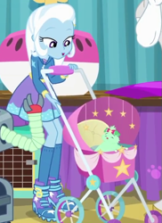 Size: 513x704 | Tagged: safe, derpibooru import, screencap, trixie, dog, best in show: the pre-show, better together, equestria girls, cropped, cute, diatrixes, pet carrier, stroller, trixie's dog