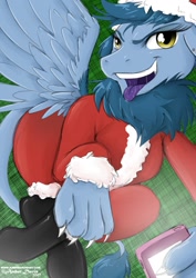 Size: 905x1280 | Tagged: safe, artist:sonicsweeti, derpibooru import, oc, oc only, oc:rainy, griffon, cellphone, christmas, clothes, commission, costume, digital art, griffon oc, holiday, looking at you, paws, phone, santa costume, smartphone, solo, tail, tongue out, wings