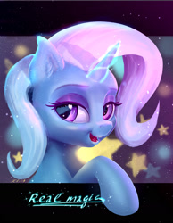 Size: 1829x2356 | Tagged: safe, artist:xbi, derpibooru import, trixie, pony, unicorn, bedroom eyes, bust, female, looking at you, magic, mare, portrait, solo, stars, text