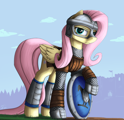 Size: 1912x1840 | Tagged: safe, artist:dipfanken, derpibooru import, fluttershy, pegasus, pony, armor, banner, castle, crossover, female, helmet, mare, mount and blade, shield, solo