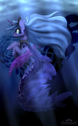 Size: 2500x4000 | Tagged: safe, artist:dreamy, artist:littledreamycat, princess luna, fish, merpony, pony, female, flowing mane, gills, green eyes, high res, horn, mermay, ocean, patreon, seapony luna, smiling, solo, species swap, sunlight, underwater, water, watermark, wings