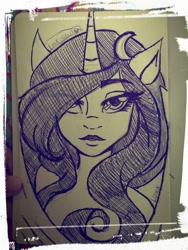 Size: 720x960 | Tagged: safe, artist:lovedraw19, princess luna, human, horned humanization, humanized, monochrome, solo, traditional art