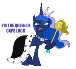 Size: 1200x1100 | Tagged: dead source, safe, artist:xebck, princess luna, alicorn, pony, canterlock, caps lock, faic, nighmurr mun, simple background, smug, smugluna, solo, transparent background, twilight scepter, vector