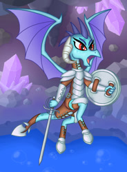 Size: 781x1062 | Tagged: safe, artist:adequidae, dragon lord ember, princess ember, dragon, armor, shield, solo, sword, weapon