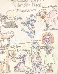 Size: 472x599 | Tagged: safe, artist:whistle blossom, derpibooru import, oc, oc:clover the yak, oc:exo the changeling, oc:gleema, oc:moonstone the dragon, oc:raindance, oc:rhythm grant, oc:river run, oc:tulip breeze, oc:waterlily (eg), oc:whistle blossom, breezie, changeling, dragon, griffon, hippogriff, pegasus, pony, siren, yak, equestria girls, autistic six, belly button, braces, breezie oc, changeling oc, dragon oc, dragoness, equestria girls oc, female, filly, foal, griffon oc, grin, hippogriff oc, looking at you, pegasus oc, seapony oc, siren oc, smiling, smiling at you, standing, sun, teenaged dragon, teenager, text, traditional art, wings, yak oc