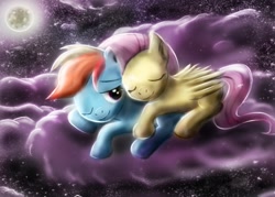 Size: 1400x1000 | Tagged: safe, artist:sunegem, fluttershy, rainbow dash, pegasus, pony, cloud, cloudy, cuddling, hug, moon, night, sleeping, snuggling, stars