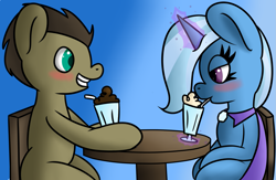 Size: 1837x1201 | Tagged: safe, artist:color-spark, derpibooru import, trixie, oc, oc:theotakux, pony, unicorn, blushing, canon x oc, drinking straw, female, mare, milkshake, shipping, table