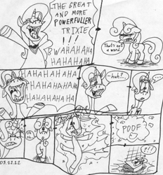Size: 927x1001 | Tagged: safe, artist:colossalstinker, derpibooru import, sweetie belle, trixie, alicorn amulet, book, comic, dictionary, inanimate tf, magic, monochrome, traditional art, transformation
