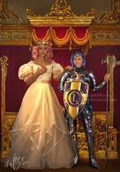 Size: 629x900 | Tagged: safe, artist:4steex, princess celestia, princess luna, human, armor, au:eqcl, clothes, commission, costume, crown, dress, emblem, flag, humanized, looking at you, looking away, medieval, pink hair, pink-mane celestia, polearm, realistic, s1 luna, shield, symbol, throne room, tiara, weapon, younger