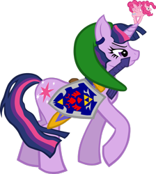 Size: 1280x1427 | Tagged: safe, artist:zeldacourage, derpibooru import, pinkie pie, twilight sparkle, pegasus, pony, hylian shield, link, master sword, navi, race swap, shield, simple background, sword, the legend of zelda, transparent background, weapon