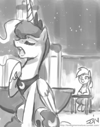 Size: 709x900 | Tagged: safe, artist:johnjoseco, derpy hooves, princess luna, alicorn, pegasus, pony, eyes closed, female, grayscale, mare, monochrome, open mouth, raised hoof, sketch