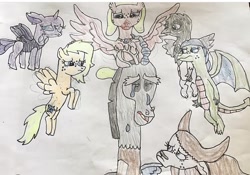 Size: 750x526 | Tagged: safe, artist:whistle blossom, derpibooru import, discord, oc, oc:clover the yak, oc:exo the changeling, oc:gleema, oc:moonstone the dragon, oc:raindance, oc:whistle blossom, changedling, changeling, draconequus, dragon, griffon, hippogriff, pegasus, pony, yak, autistic six, changedling oc, changeling oc, crying, dragon oc, female, filly, flower, flower in hair, flying, foal, frown, griffon oc, hippogriff oc, male, pegasus oc, sad, simple background, spread wings, teenager, traditional art, white background, wings, wrong cutie mark, yak oc