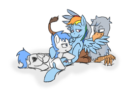 Size: 872x632 | Tagged: safe, artist:koopakrazy85, derpibooru import, edit, rainbow dash, oc, griffon, pegasus, pony, bedroom eyes, bisexual, canon x oc, cropped, female, griffon oc, looking at each other, male, mare, pegasus oc, polyamory, shipping, simple background, unnamed oc, white background, wings