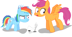 Size: 3812x2005 | Tagged: safe, artist:valaraukador, rainbow dash, scootaloo, pegasus, pony, age regression, filly, high res, older, role reversal