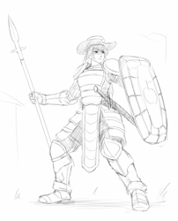 Size: 700x868 | Tagged: safe, artist:lvl, derpibooru import, applejack, human, armor, humanized, monochrome, shield, sketch, solo, spear, sword, weapon