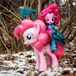 Size: 1280x1281 | Tagged: safe, artist:pixelkitties, pinkie pie, earth pony, pony, equestria girls, axe, clothes, death dealer, doll, equestria girls minis, eqventures of the minis, human ponidox, humans riding ponies, irl, photo, riding, self ponidox, shield, skirt, square crossover, toy