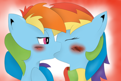 Size: 1200x800 | Tagged: safe, artist:rd-likes-steroids, rainbow dash, pegasus, pony, blushing, dashdash, female, kissing, lesbian, selfcest, shipping