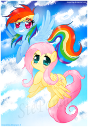 Size: 700x1008 | Tagged: safe, artist:stepandy, fluttershy, rainbow dash, pegasus, pony, cloud, female, flying, looking at you, mare, sky, smiling