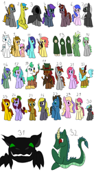 Size: 6552x12000 | Tagged: safe, artist:platinumdrop, derpibooru import, oc, oc:aurora dew, oc:circle wing, oc:duel fever, oc:emerald bolt, oc:far shot, oc:grey disc, oc:ice fury, oc:lord copper gear, oc:peachy mint, oc:pink radish, oc:platinumdrop, oc:plow, oc:rose black, oc:shadow guardian, oc:sharp smack, oc:spotless floor, oc:sweet nugget, oc:turquoise elixir, oc:twisty scene, oc:velvet tulip, oc:violet plate, demon, earth pony, griffon, kirin, pegasus, unicorn, clothes, cultist, griffon oc, kirin oc, robe, serpent, simple background, spear, unnamed oc, weapon, white background