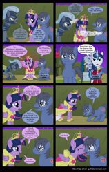 Size: 2000x3164 | Tagged: safe, artist:mlp-silver-quill, shining armor, twilight sparkle, twilight sparkle (alicorn), oc, oc:clutterstep, alicorn, earth pony, pony, unicorn, comic:a princess' tears, canon x oc, canterlot gardens, collar, comic, female, kiss on the cheek, kissing, magic, male, royal guard, straight