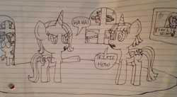 Size: 869x476 | Tagged: safe, artist:nightshadowmlp, derpibooru import, rainbow dash, starlight glimmer, trixie, twilight sparkle, twilight sparkle (alicorn), alicorn, alicornified, cloud, dialogue, lined paper, misspelling, picture, race swap, shocked, sleeping, stylistic suck, text, traditional art, trixiecorn, wall, window